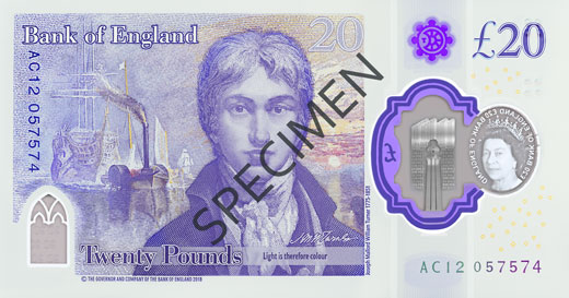 Reverse of the new polymer £20 note